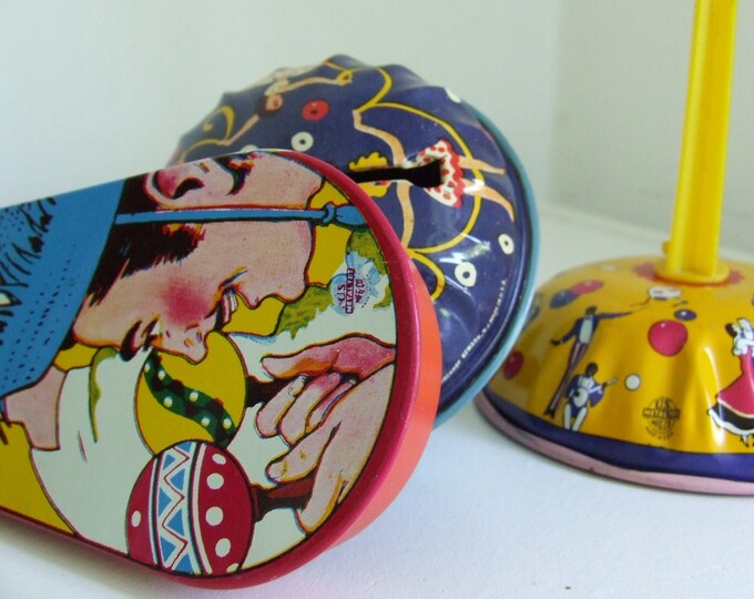 Trio Noisemakers Bell Rattle Vintage Tin Toy Kirchof US Metal Toy Mfg