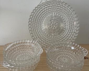 EAPG Serving and Dining Bowl Set 7 Pieces Triangles and Dots Clear Glass Lugged Handles Trifle Serving Dessert Bowl Set