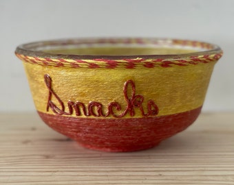 Serving Bowl for Chips or Popcorn Mid Century Arts & Crafts Handmade String Bowl Snacks Yellow and Red Kitsch