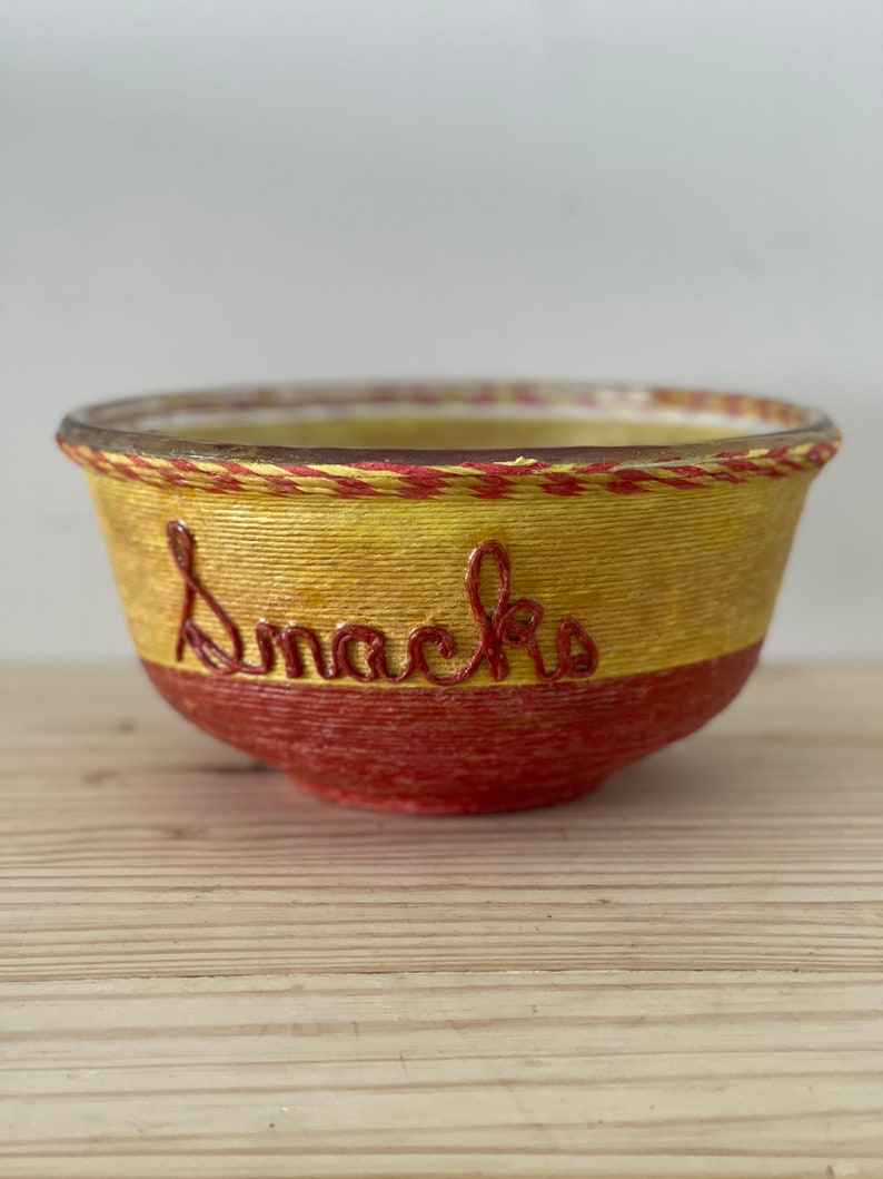 Serving Bowl for Chips or Popcorn Mid Century Arts & Crafts Handmade String Bowl Snacks Yellow and Red Kitsch image 1