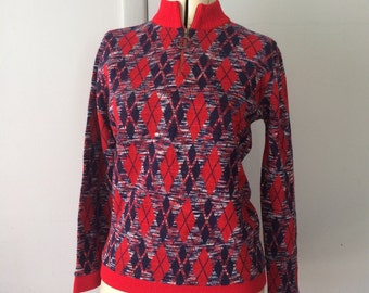 1970's Argyle Space Dyed Red White and Blue Slender Cut Mock Turtleneck Sweater with Metal Zipper Pull Ribbed Details by Pandora