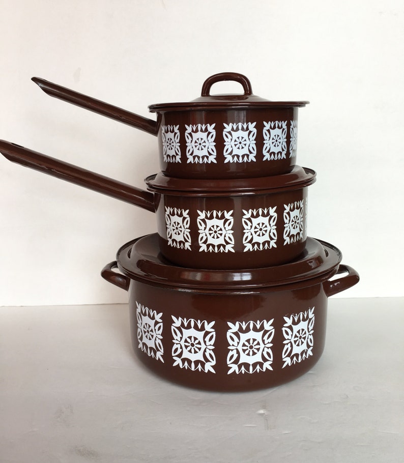 Mid Century Enamel Cooking Pot Set Made in Poland Brown and Etsy