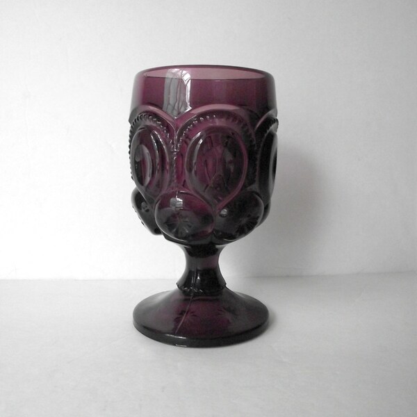 Pressed Glass Goblet Amethyst Moon and Star Pattern Vintage Antique Glassware Reproduction