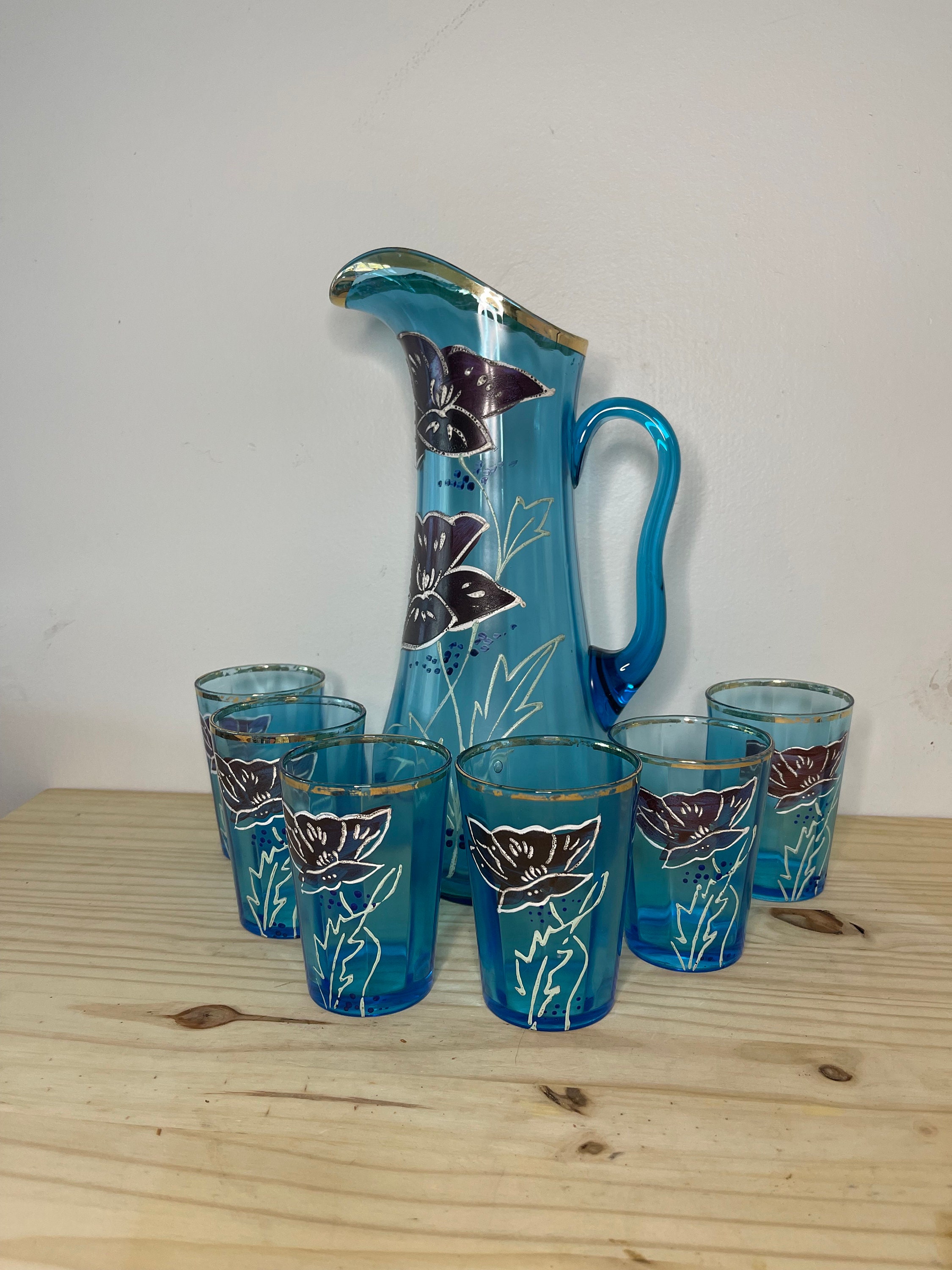 Depression Glass Lemonade Set Pitcher With Six Glasses Azure Blue