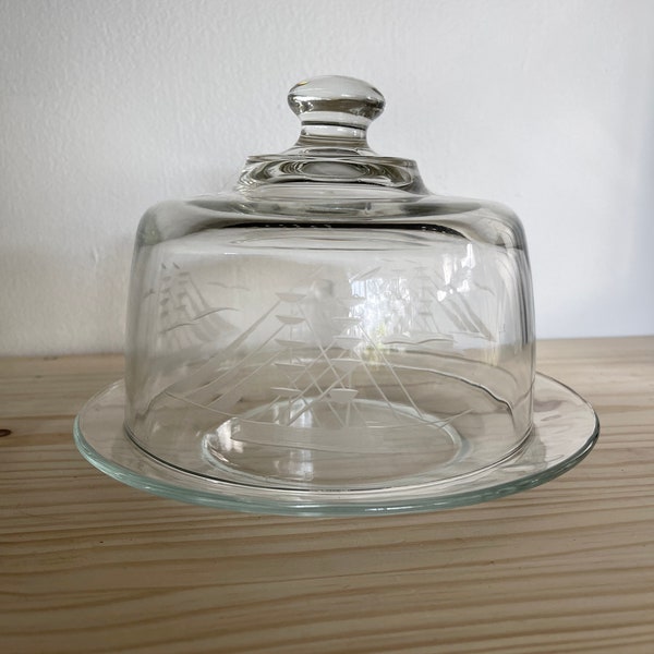 Etched Glass Cheese Dome Cloche Dessert Plate with Cover Seafood Server Cupcake Server  Clipper Ship Design Nautical