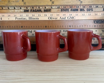 FireKing Mugs Brick Red Diner Cup  Fired On Platonite Milk Glass Set of Three Mid Century Coffee Cup Fire King