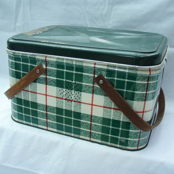 Vintage Metal Picnic Basket Mid Century Green Plaid