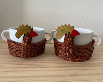 Soup Mugs in Rooster Basket Bauscher Germany White Double Handled Mug in Wicker Holder Set of Two