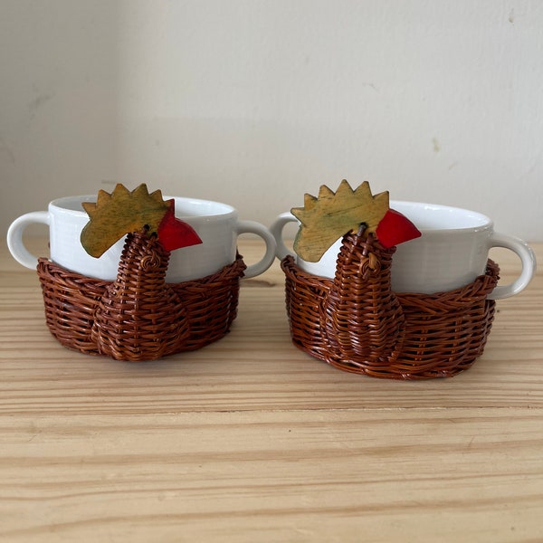 Soup Mugs in Rooster Basket Bauscher Germany White Double Handled Mug in Wicker Holder Set of Two