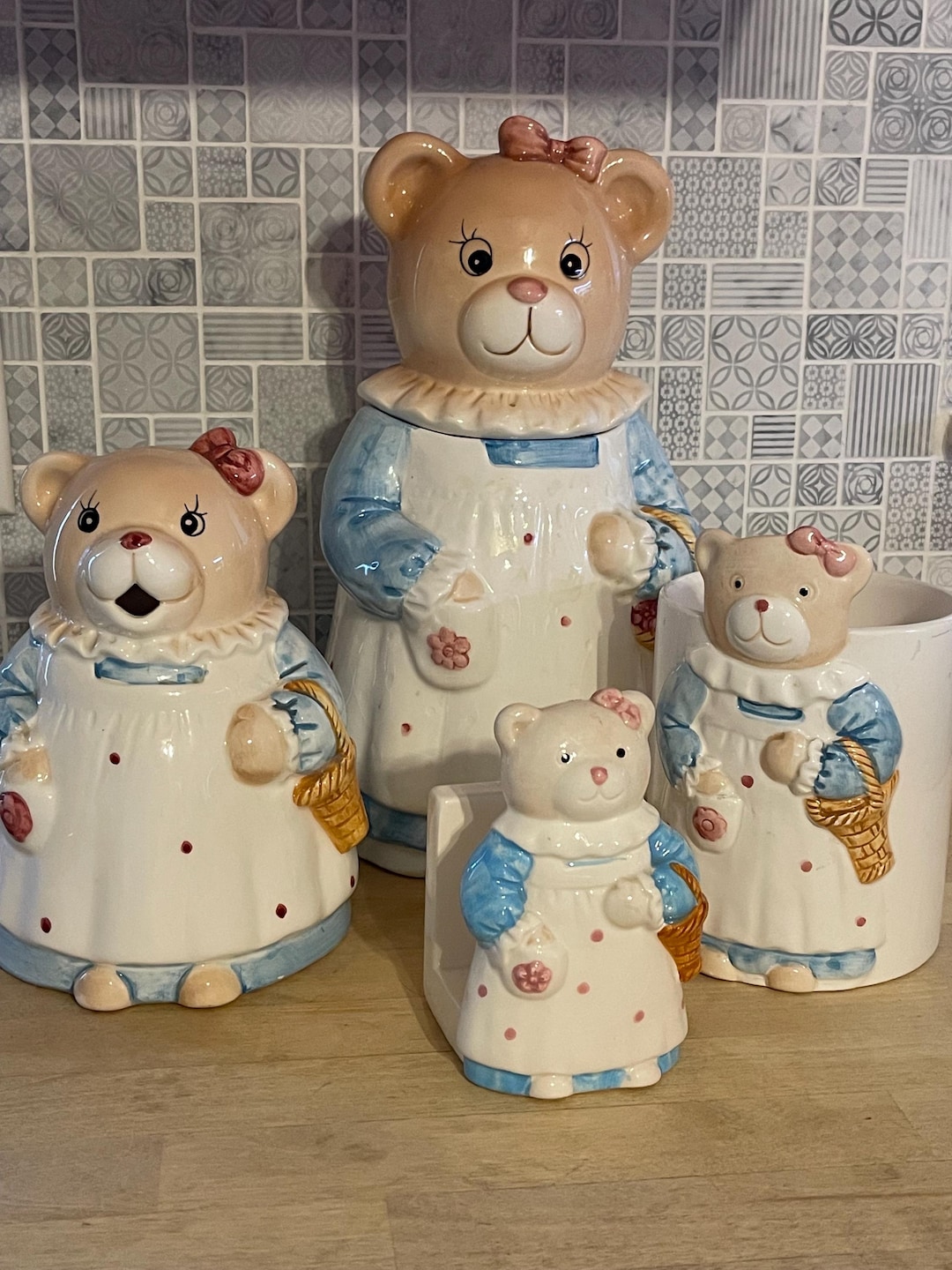 Teddy Bear Polka Dot Kitchen Set: Cookie Jar, Pitcher, Napkin