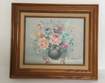 Vintage Art Pastel Roses  Painting Still Life Framed in Wood and Linen