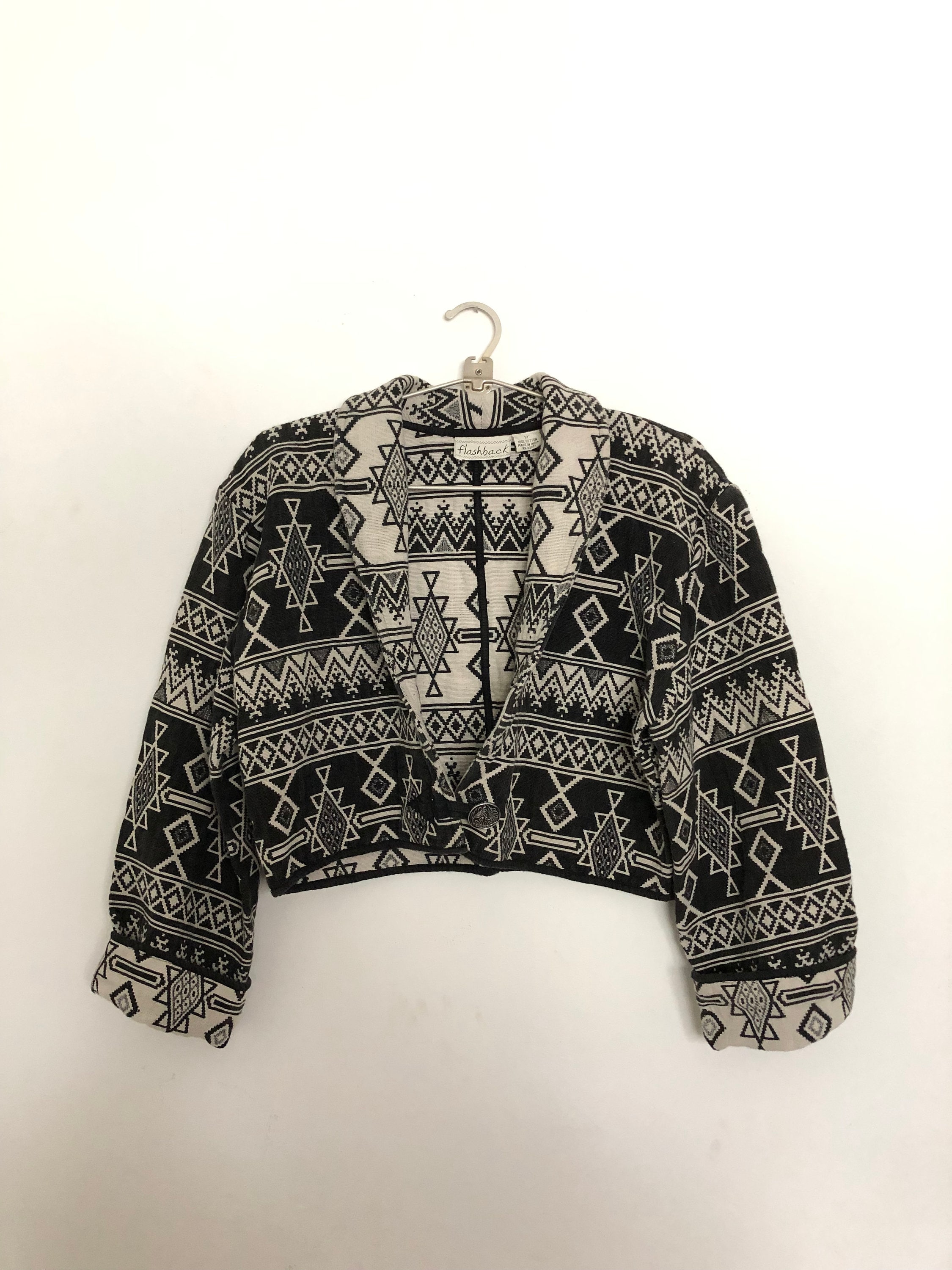 1990s Cropped Boho Jacket Boxy Geo Print Southwestern Indian 1990s Cropped Boho Jacket Boxy Geo Print Southwestern Indian