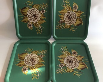 Floral Green and Gold Serving Tray Set Place Mat Set of Four Aluminum Bohemian Retro Decor Chrysanthemum Flower