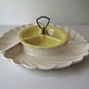 Mid Century Serving Dish in Flecked Yellow and Bone Ceramic Divided Relish Tray 1960s
