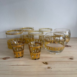 Culver Antigua Glass Set Eight Pieces 22k Gold Rocks Glass Shot Glass Roly Glass Double Old Fashioned