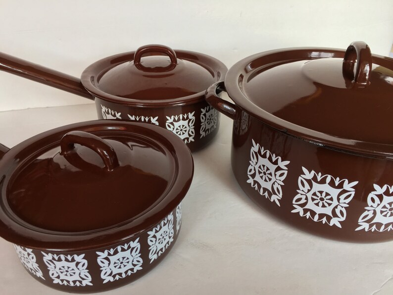 Mid Century Enamel Cooking Pot Set Made in Poland Brown and Etsy