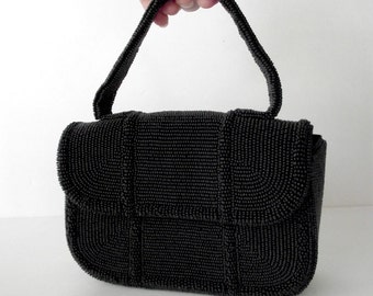 1960s Beaded Black Evening Purse Small Handbag