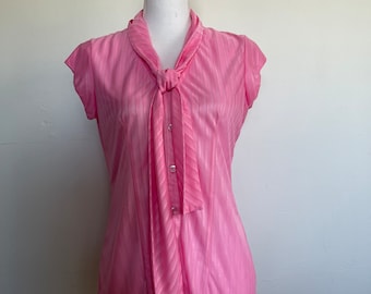 Puccini Pink Stripe Lounge Blouse Satiny Pussy Bow Neck with Flutter Cap Sleeves Semi Sheer 1980’s Vintage Size 8