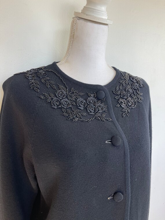 1960s Hand Beaded Sweater with Ribbon Roses Black 