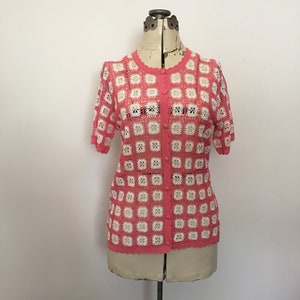 Crocheted Cardigan Sweater Blouse Short Sleeve Summer Weightin Pink and White Check