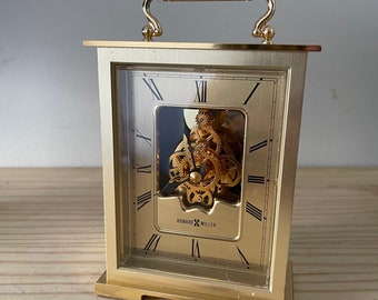 Vintage Howard Miller Gold Mantle Clock Battery Operated Travel Gold Exposed Gears Made in Japan