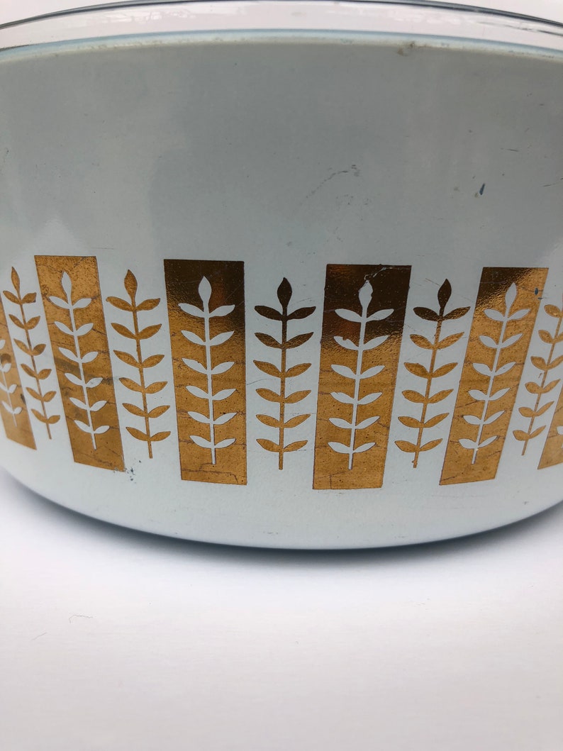 Pyrex Gourmet Gold Branches Promotional 2.5 Quart Casserole Dish with Lid Delphite Blue Glass 1961 Hard to Find