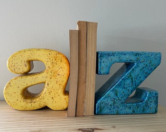 Bookends A to Z Large Scale Glazed Ceramic Type Font Letters Quirky Library Decor 1970s Speckled Pottery Weighted Book Ends Blue & Yellow