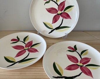 Stetson China Magnolia Dogwood Luncheon Plates Set of Three Hand Painted Mid Century Tableware in Pink and Yellow
