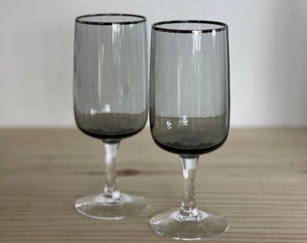 Fostoria Cherish Smoke Grey and Platinum Trim Tulip Wine Glasses Champagne Cocktail Glasses  Glass