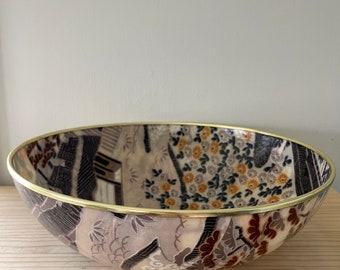 Retro Fiberglass Bowl Taupe Brown Yellow and Orange Floral Japanese Garden Gold Metal Rim