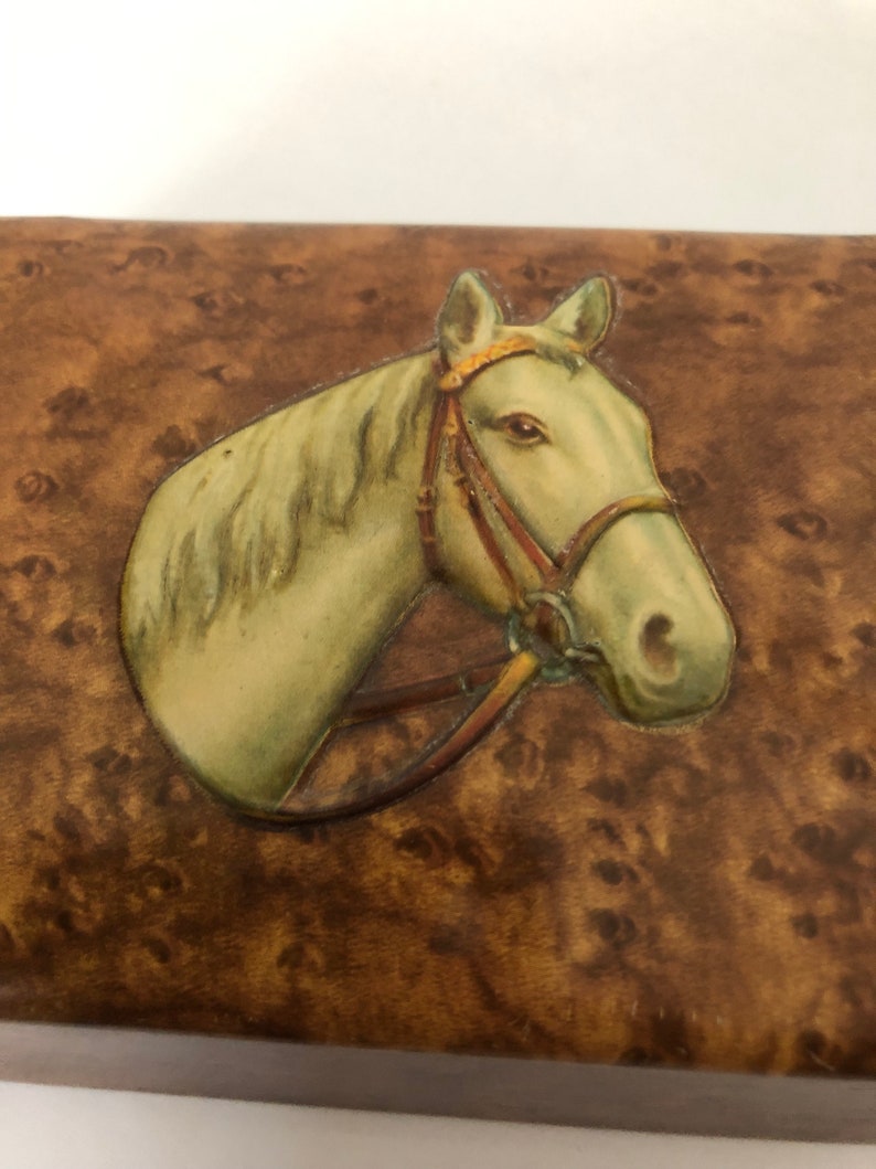 Vintage Storage Tin Fois Bois Burl Wood Printed Tin with Embossed Horse Head