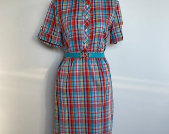 Vintage Plaid Skirt and Button Front Top Madras Rainbow Rrrruss Russ Togs Brand Extra Small