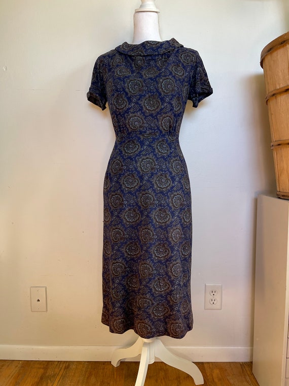 Vintage Blue Cowl Neck Blue Paisley Velour Dress - image 2