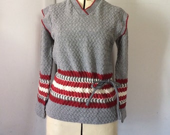 1970's Sweater Gray and Burgundy Stripe Lace Textured Waist Cinch Mr. Fine Vintage Size 16