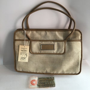 Vintage Handbag Theodor of California Natural Taupe Large Shoulder Bag with Personalization Plate New Old Stock