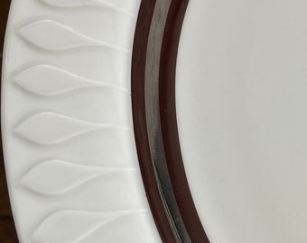 Thomas Germany Luncheon Plates Set of Six MCM Chrome and Chocolate Brown Stripe White Danish Modern Embossed Rim