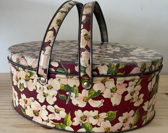 1950's Litho Dogwood Floral Oval Sewing Basket Button Tin Storage Shabby Chic Storage Tins Mid Century Cottage Core