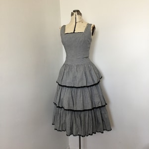 1950s Dress Black and White Gingham Tiered Ruffled Skirt Fit and Flare with Crinoline Sundress 36 Inch Bust Pin Up Style VLV image 1