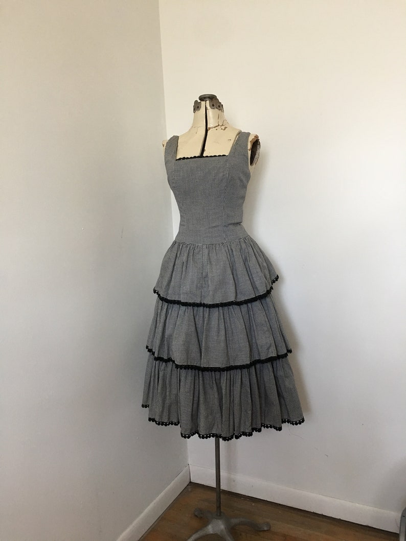 1950s Dress Black and White Gingham Tiered Ruffled Skirt Fit and Flare with Crinoline Sundress 36 Inch Bust Pin Up Style VLV image 1