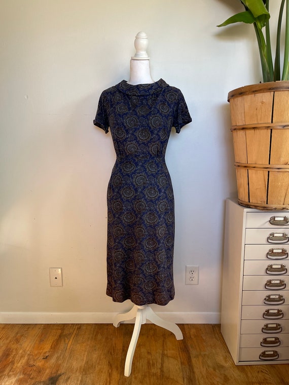 Vintage Blue Cowl Neck Blue Paisley Velour Dress - image 1