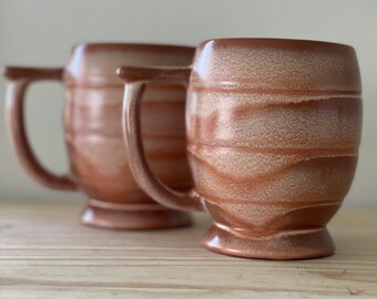 Frankoma c7 Pedestal Barrel Mugs Set of Two Oklahoma AAP American Pottery Red Clay Cinnamon or Peach Mountain Glaze