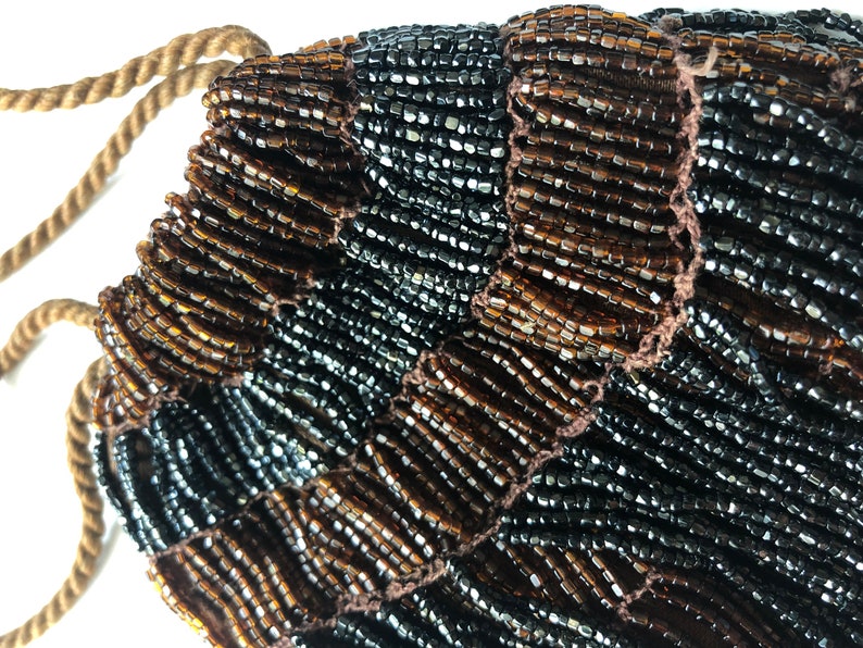 Antique Flapper Style Beaded Purse Wristlet Gunmetal Grey and Brown Beaded Small Gathered Handbag 1920s Czechoslovakian Glass Beads image 3