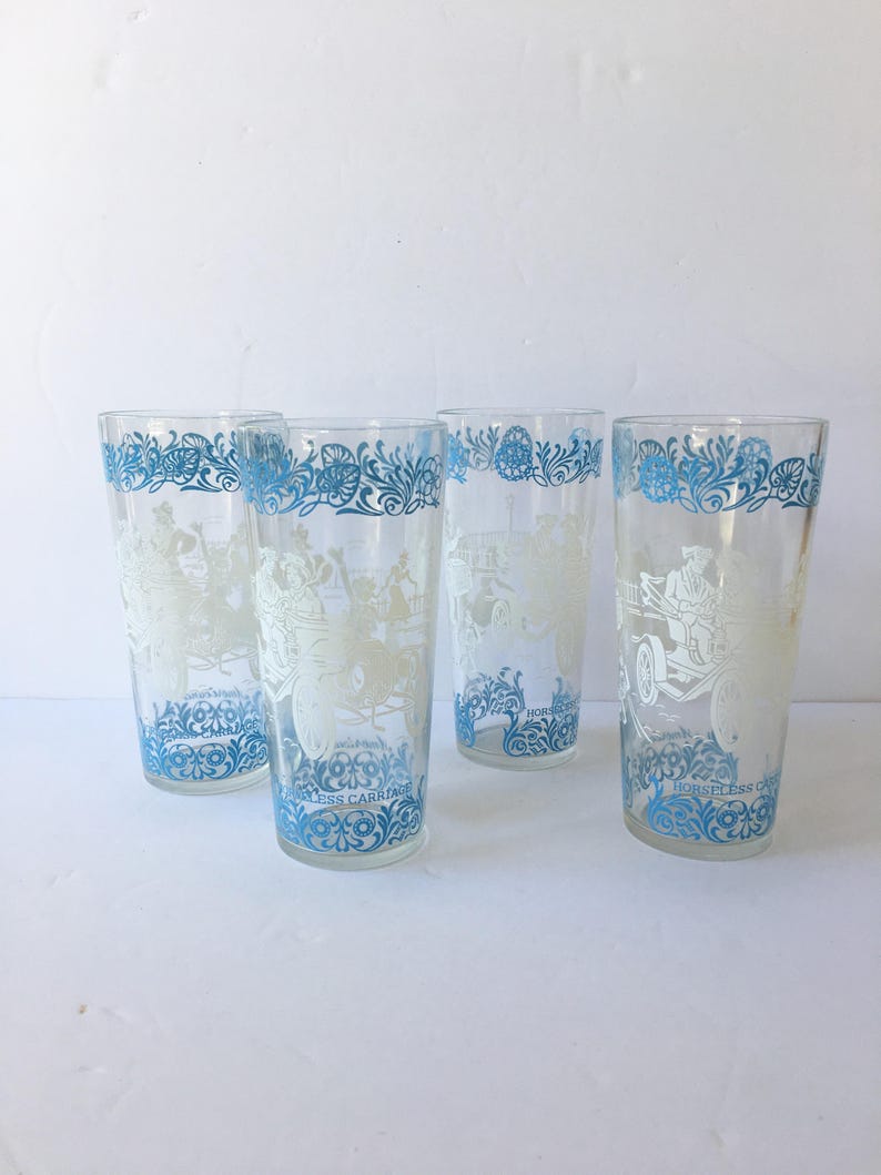 Horseless Carriage Model T Blue and White Drinking Glasses Set of Four Bild 1