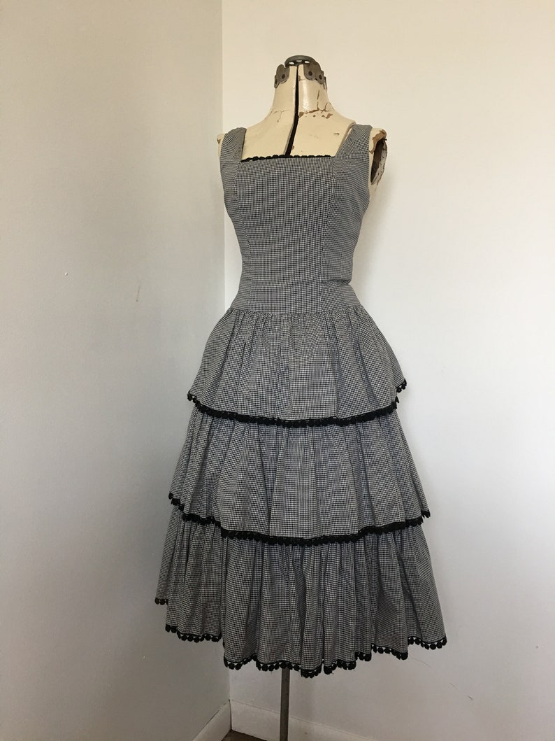 1950s Dress Black and White Gingham Tiered Ruffled Skirt Fit and Flare with Crinoline Sundress 36 Inch Bust Pin Up Style VLV image 3