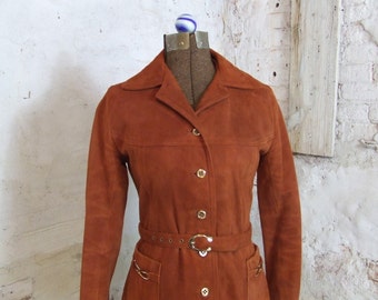1970s Suede Jacket Auburn Two Piece Suit Skirt Belted Blazer Small