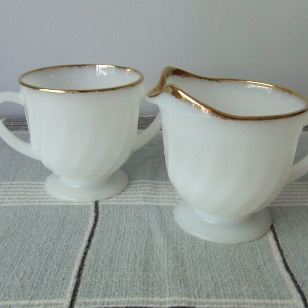 Fire King Creamer Sugar Set 50th Anniversary White Milk Glass Gold Rim