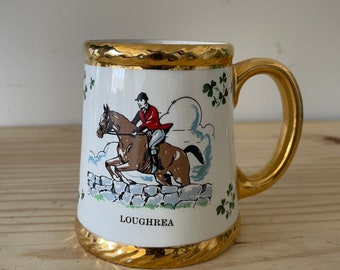 Lucky Green and Gold Shamrock Mug Carrigaline Pottery Cork Ireland Loughrea Souvenir Leaping Horse Equestrian First Place St Patrick’s Day