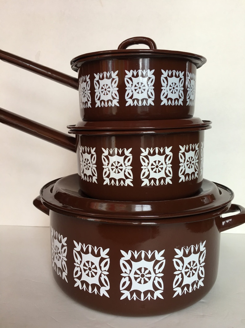 Mid Century Enamel Cooking Pot Set Made in Poland Brown and Etsy