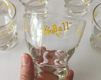 MCM Eva Zeisel Lo Ball Cocktail Whiskey Glasses in Graphic Yellow Type Font Set of Eight Federal Glass Barware Low Ball