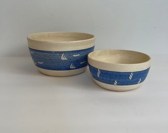 Bowl Planter Set of Two Vintage Studio Pottery Wheel Thrown Hand Made Bulb or Succulent Planters Blue and White